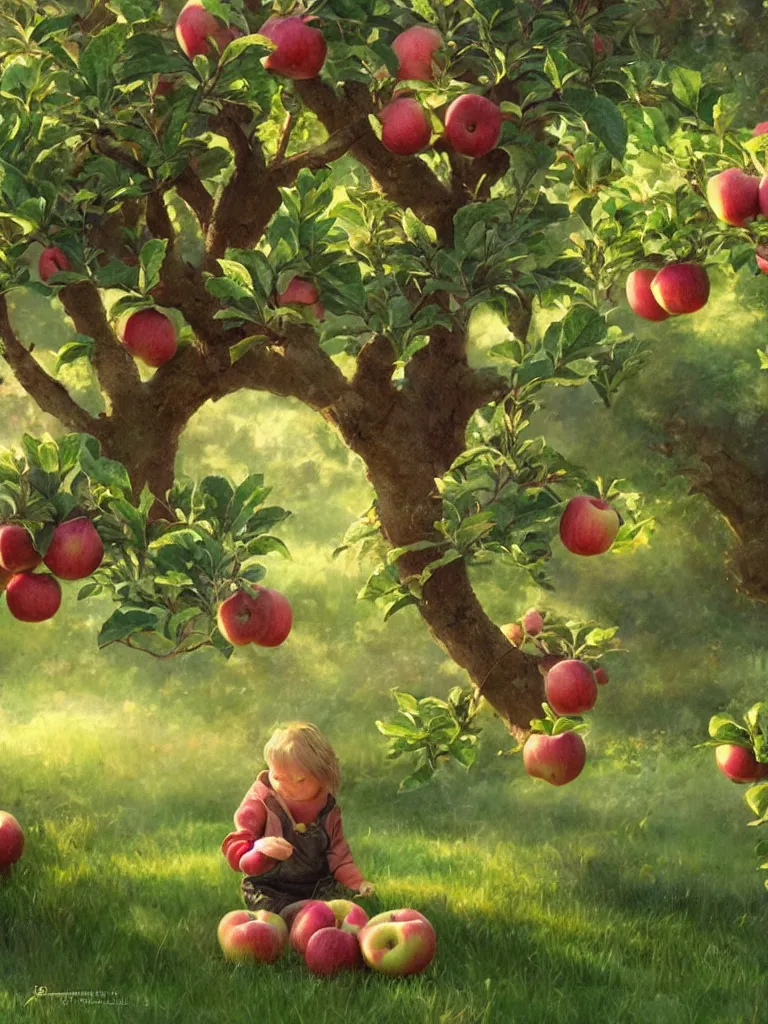 Prompt: picking apples by disney concept artists, blunt borders, rule of thirds, golden ratio, godly light, beautiful!!!