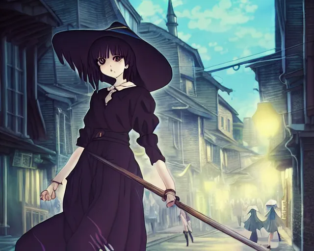 Image similar to key anime visual portrait of a young female witch walking through a busy village, dynamic pose, dynamic perspective, cinematic, dramatic lighting, muted colors, detailed silhouette, textured, finely detailed eyes, anime proportions, kentaro miura, anmi