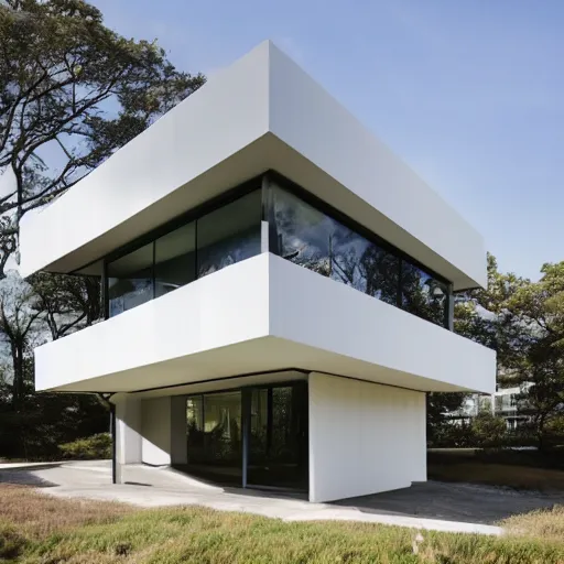 Image similar to second story elevated white brutalist home perched atop 2 equidistant separated large piers, double cantilevered design, large windows, elegant, white stone, proportion, golden ratio, epic composition, steel window mullions, cars parked underneath