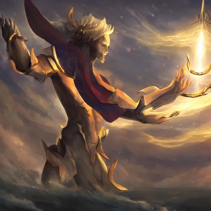 Prompt: light, may you be released from the ends of the world. split the heavens and tether the earth, anchor of the storm! rhongomyniad, trending on artstation