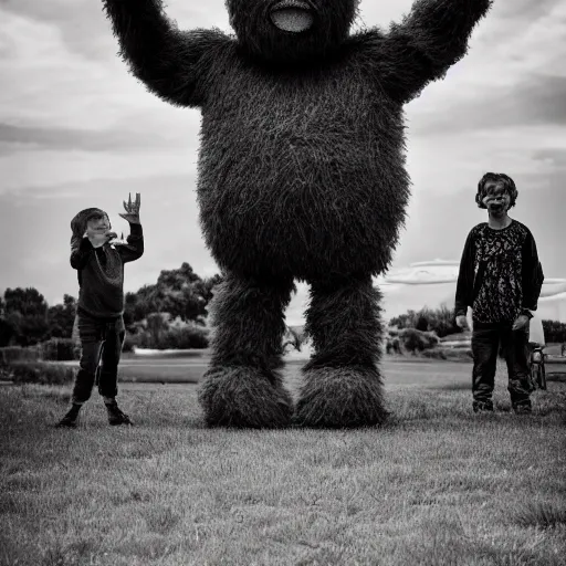 Prompt: cinematic photo of a 1 2 foot high big foot on a jumping castle with scared children, overcast, dark shadows