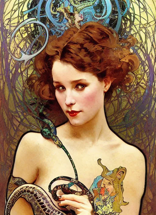 Image similar to an art nouveau copic maker holographic portrait of a woman holding a snake by john berkey by stanley artgerm lau, alphonse mucha, loish, norman rockwell