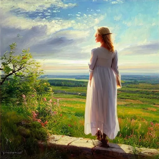 Image similar to blonde woman watching over the swedish countryside, archipelago, masterpiece, highly detailed, beautiful, atmospheric, impressionism, painting by Vladimir Volegov