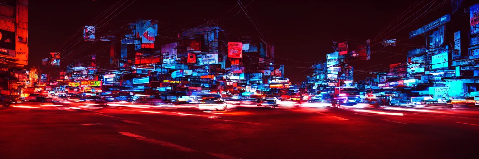 Prompt: Cyberpunk Traffic, futuristic Phnom-Penh Cambodia, neon dark lighting