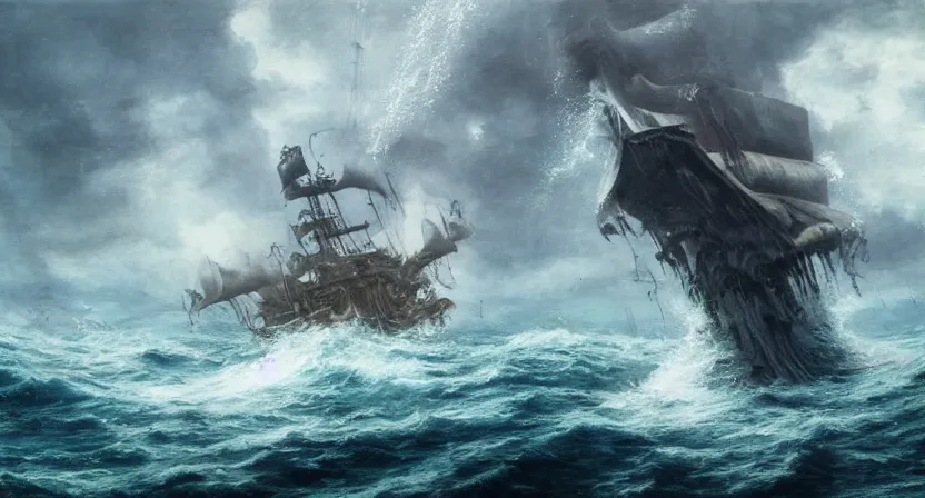 Prompt: photo of a mystic and terrifying gigantic sea creature submerging pirate ships, oil painting, cinematic, hyper realistic, concept art