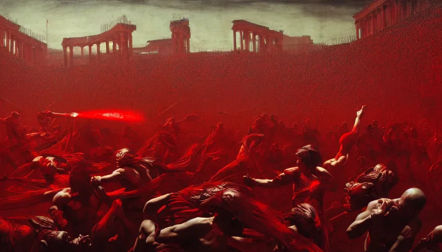 Image similar to only with red, bloody gladiator battle in a crowded roman amphitheatre, crowd cheering, in the style of beksinski and edward hopper and rodcenko and yue minjun and greg rutkowski, intricate and epic composition, red by caravaggio, highly detailed, masterpiece, red light, artstation, art nouveau