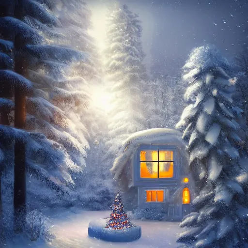 Image similar to snowy landscape with santa's house in night forest, warm light coming from the window and reflects on the snow. digital art, artstation, high details, trending, behance