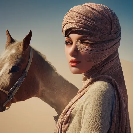 Image similar to ultra - photorealistic, middle eastern woman driving horse and handling weapon, dust, yellow cinematic, 4 k, 8 0 0 mm, uhd, vogue, winning photo of the year, sharp focus, intricate, hyperdetailed