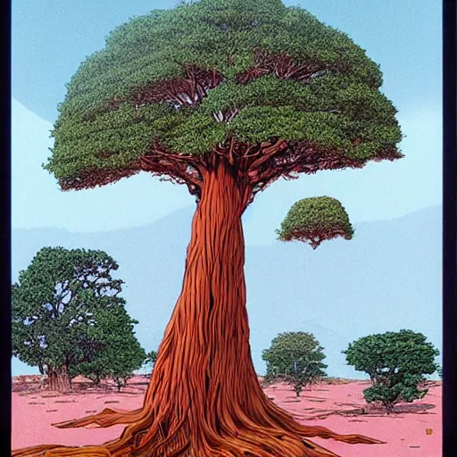 Image similar to a large tree rooted from a crystal planet, by moebius