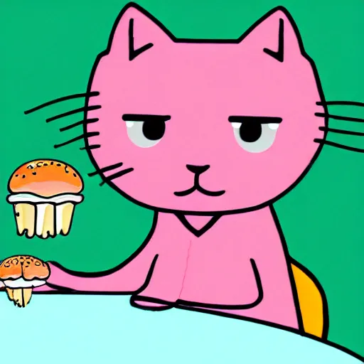 Prompt: a pink cat eating a hamburger