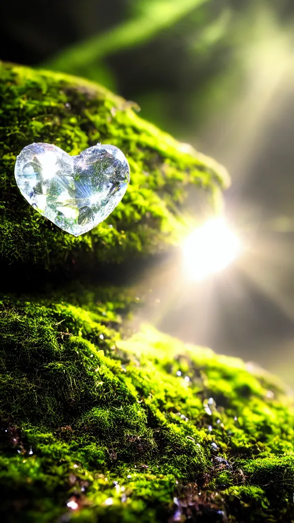 Image similar to macro photo of moss, a crystal heart is laying on the moss, light rays are coming through the leaves above, god rays, beautiful award winning macro photography, trending on artstation