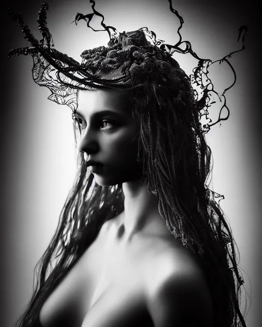 Prompt: surreal mythical dreamy dark artistic black and white fine art photo of a beautiful young female angel - medusa - mermaid - cyborg covered with translucent algae, highly detailed, lace web, rim light, cinematic, studio dramatic light, poetic, octane render, 8 k, photo - realistic, by floria sigismondi