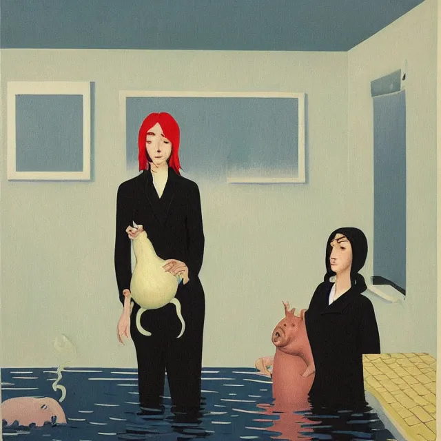 Image similar to tall female emo artist holding a pig in her flooded bathroom, octopus, water gushing from ceiling, painting of flood waters inside an artist's bathroom, a river flooding indoors, pomegranates, pigs, ikebana, water, octopus, river, rapids, waterfall, black swans, canoe, berries, acrylic on canvas, surrealist, by magritte and monet