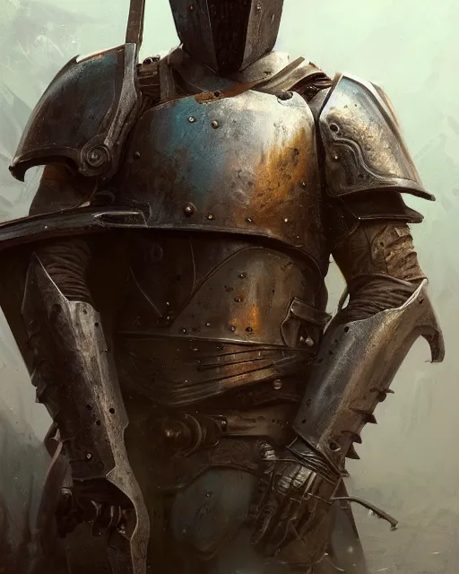 Image similar to Hyper realistic painting of a man in rusty full plate armor with his face uncovered, dark fantasy, fantasy armor, hyper detailed, by greg rutkowski, trending on artstation