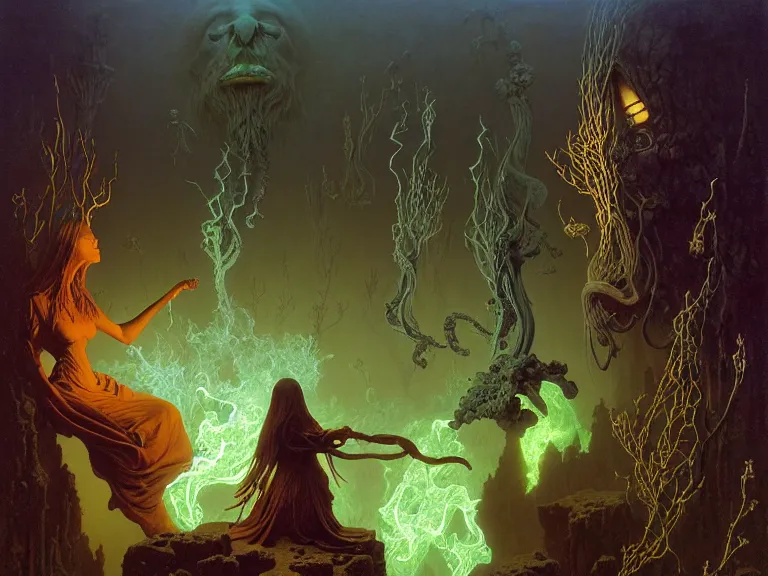 Image similar to the female arcanist and the male artificer by zacharias aagaard and albert bierstadt and gerald brom and zdzisław beksinski and james gilleard and wayne barlowe and marc simonetti, highly detailed, hyperrealistic, intricate, floating metallic objects, energy, electricity, blue flames, low light, glowing green crystals, high contrast