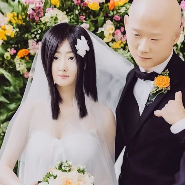 Image similar to saitama one punch man instagram couple's wedding photo shoot, closeup photo