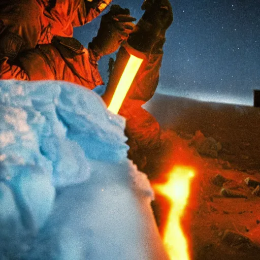 Image similar to a high quality color extreme closeup film 3 5 mm depth of field photograph of a us soldier's face as he frantically iss pouring a can of gasoline along the perimeter of homes in mcmurdoch station in antarctica in 1 9 8 2 with the aurora borealis in the sky at night