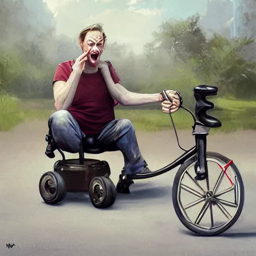 Image similar to hyper realistic absurd, silly, making insane faces, steve buscemi riding a tiny tricycle, painted by greg rutkowski, wlop, artgerm