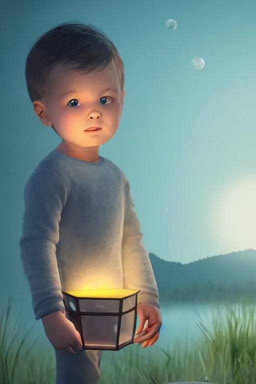 Prompt: a little boy carrying lantern at night, photorealistic face and skin tones, dreamy moonlit nightscape by the garden, lake house, smooth, matte colors, trending on artstation, 4 k, 8 k