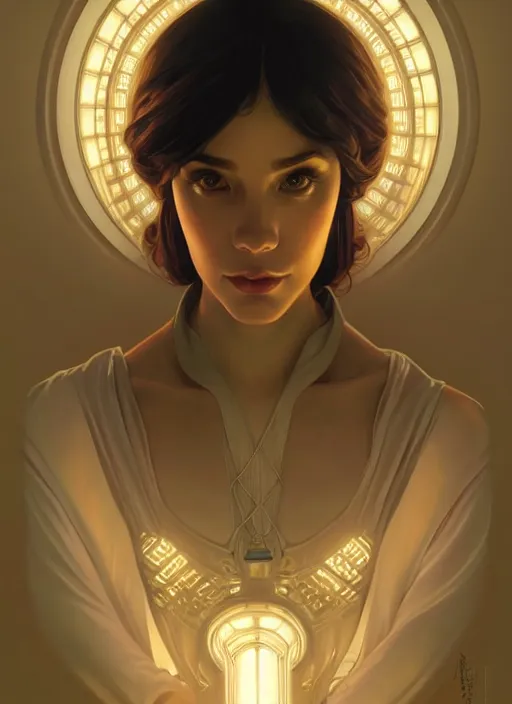 Image similar to symmetry!! portrait of office worker, glowing lights!! intricate, elegant, highly detailed, digital painting, artstation, concept art, smooth, sharp focus, illustration, art by artgerm and greg rutkowski and alphonse mucha