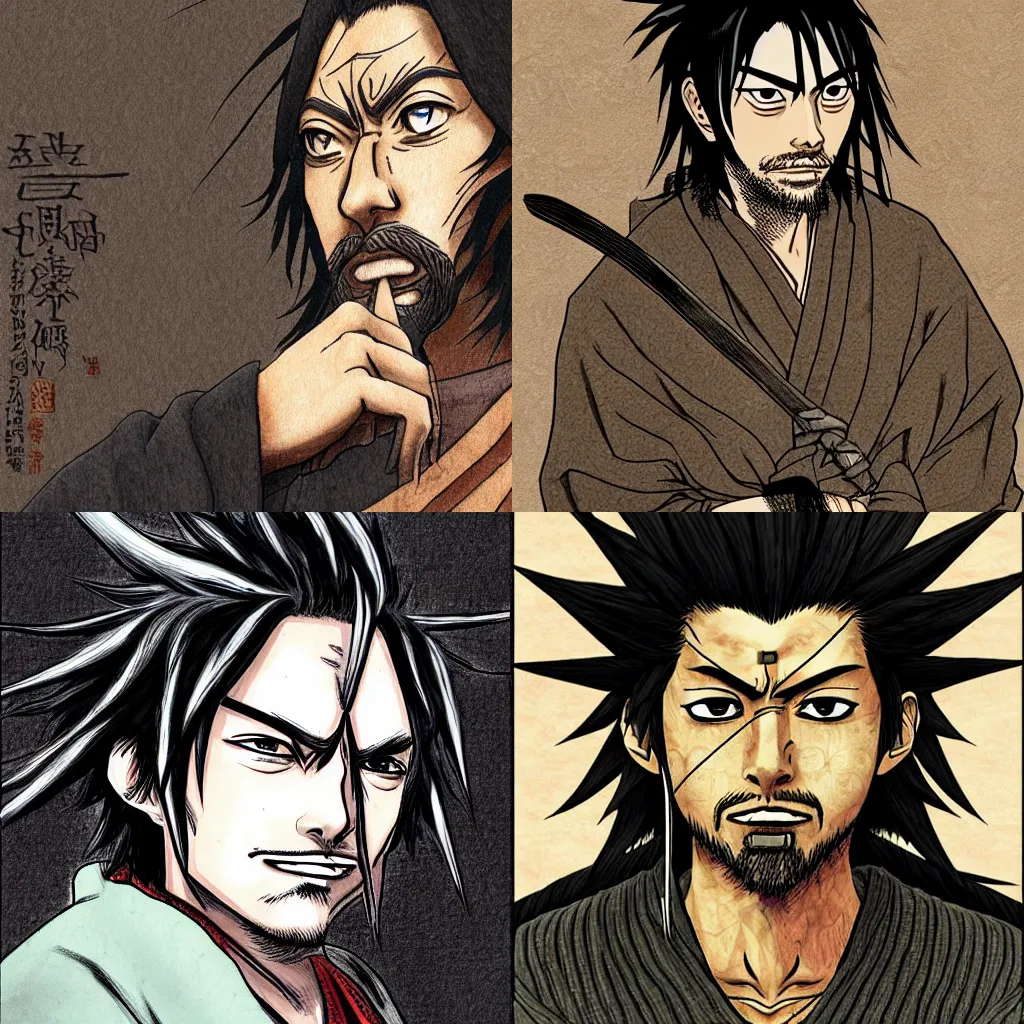 Prompt: miyamoto musashi, vagabond, anime, highly detailed, digital art, centered, portrait, colored accurately, in the style of kentaro miura