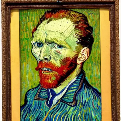 Image similar to van gogh painting of a man with insects in his eyes, bloody face, ugly teeth