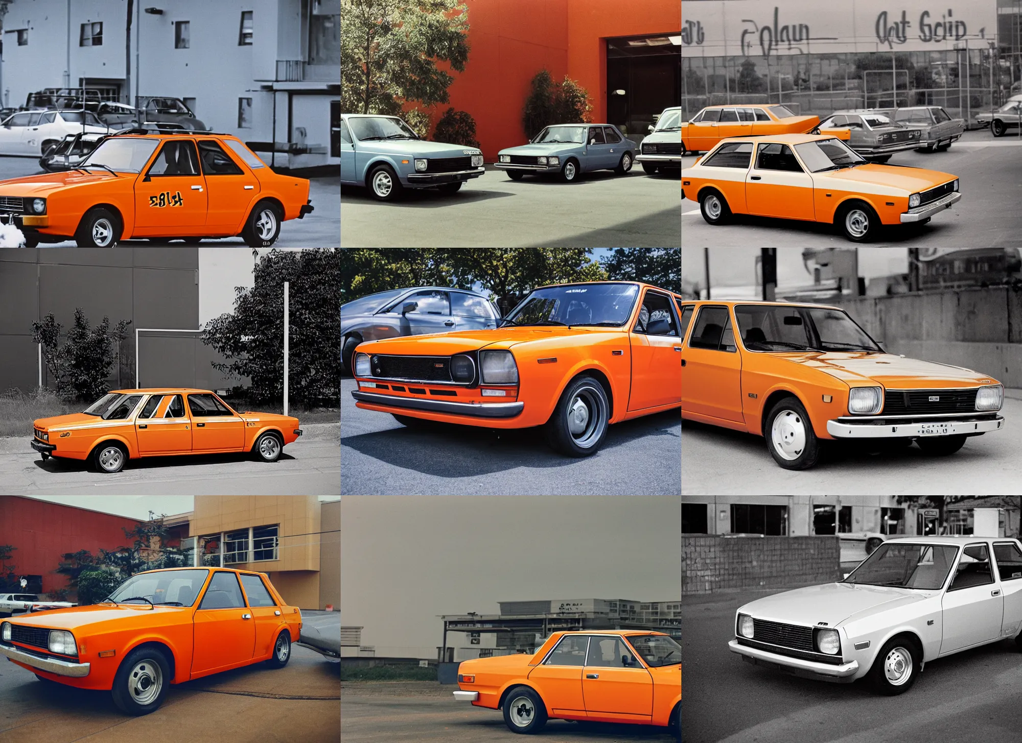 Prompt: an orange datsun 5 1 0 car is parked in a parking lot, featured on cg society, synchromism, 1 9 7 0 s, clean, creative commons attribution