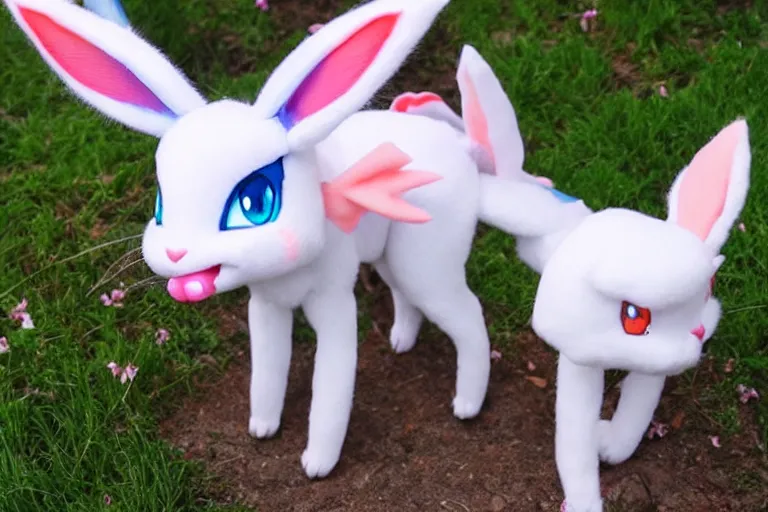 Image similar to real life sylveon pokemon, cute!!!, heroic!!!, adorable!!!, playful!!!, fluffly!!!, happy!!!, cheeky!!!, mischievous!!!, ultra realistic!!!, spring time, slight overcast weather, golden hour, sharp focus