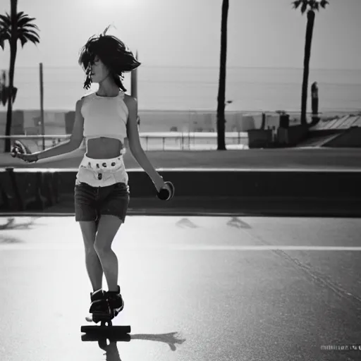 Prompt: a roller skater in a cinematic shot in santa monica, mid - afternoon, canon eos c 3 0 0, ƒ 1. 8, 3 5 mm, 8 k, medium - format print, inspired by roger deakins cinematography