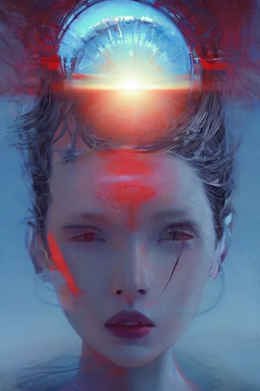 Prompt: 3 d, sci - fi, sunrise, sleepy fashion model face, blue faces, sun, cinematic, vogue cover style, poster art, light red and deep blue mood, realistic painting, intricate oil painting, high detail, figurative art, multiple exposure, poster art, 3 d, by tooth wu and wlop and beeple and greg rutkowski