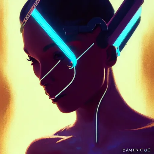 Image similar to cyborg Normani as aeon flux profile picture by Greg Rutkowski, dynamic pose, surreal, intricate, futuristic, fantasy, soft neon lighting, elegant, by Stanley Artgerm Lau, greg rutkowski, thomas kindkade, alphonse mucha, loish, norman Rockwell,