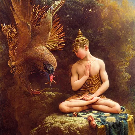 Image similar to highly detailed potrait of cunning buddhist monk kid worshipping giant crow as god praying in baroque style, painting by gaston bussiere, craig mullins, j. c. leyendecker, lights, art by ernst haeckel, john william godward, hammershøi,