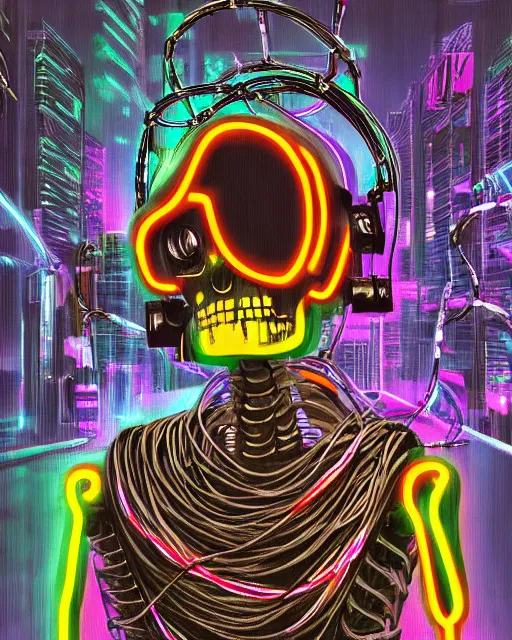 Image similar to xsullo digital painting of cyberpunk skeleton tethered to a bunch of wires and cords and chains wearing a vr headset neon glowing painting