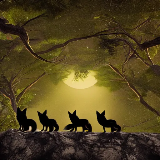 Prompt: three black foxes sitting on a tree branch at night, lush green forest, dark night, perspective from below, trending on ArtStation, concept art, cgsociety, octane render, trending on artstation, artstationHD, artstationHQ, unreal engine, 8k