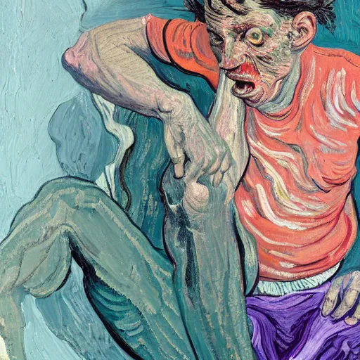 Prompt: high quality high detail painting of a man in agony by lucian freud and jenny saville and francis bacon and vincent van gogh, hd, anxiety, seated with friend in a living room crying and screaming, turquoise and purple and orange and pink, dark atmosphere