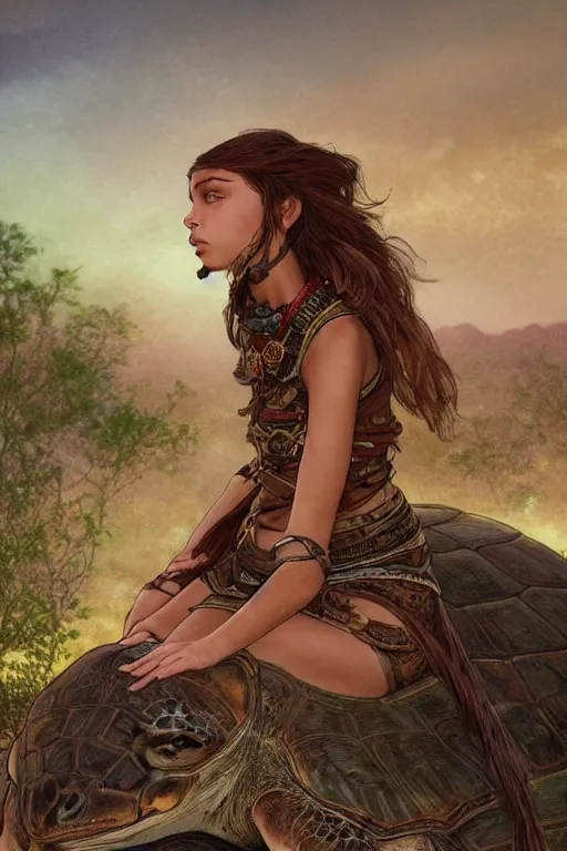 Image similar to a little warrior girl sitting on top of a giant turtle that is walking in the desert, seen from a distance. the girl is fully visible and has dark skin and beautiful green eyes, realistic full body and a very beautiful detailed face with long black hair. diffuse light, dramatic sky and landscape, fantasy illustration by mucha