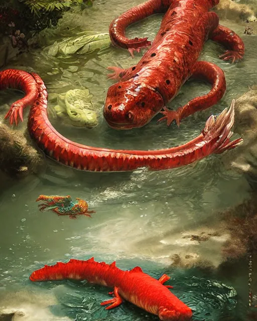 Image similar to game character beautiful giant kaiju sized pond serpent half fish half salamander, wet amphibious skin, red salamander, axolotl creature, koi pond, korean village by Ruan Jia and Gil Elvgren, fullbody