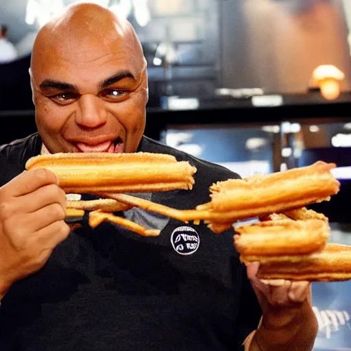 Image similar to Charles Barkley eating two churros at the same time