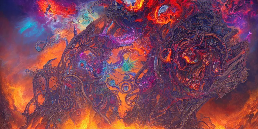 Image similar to gigantic psychedelic demonic cosmic skull of death and fire, outer space, fantasy painting, ultra realistic, dmt, rule of thirds, wide angle, art nouveau, intricate details, digital painting, rainbowshift, vivid colors, highly detailed by peter mohrbacher, h. r. giger, maxfield parrish, craig mullins, octane render, cgi