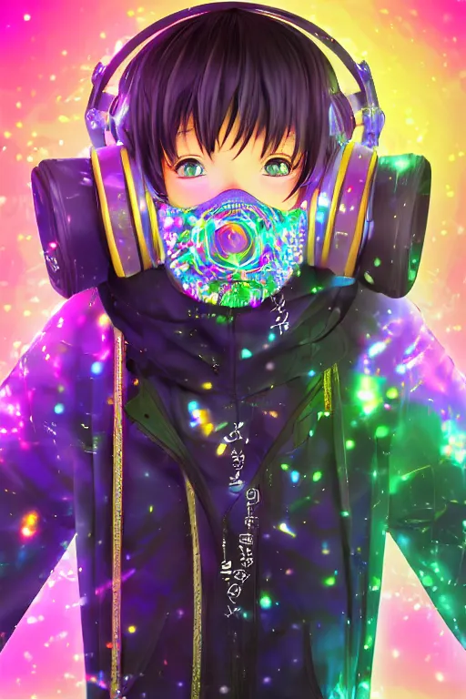 Image similar to portrait of an 3d anime character with cute sparkly eyes wearing a psychedelic holographic hoodie and headphones, long hair with pastel colors, wearing a cute face gas mask in the style of code vein by Kurumi Kobayashi Koichi Itakura, 3d anime, octane render, dynamic dramatic lighting, with glitch and chromatic abbreviations, artstation, cgsociety, imaginefx, by anime concept artist, rendered in unreal engine, by WENJR, WLOP, artgerm