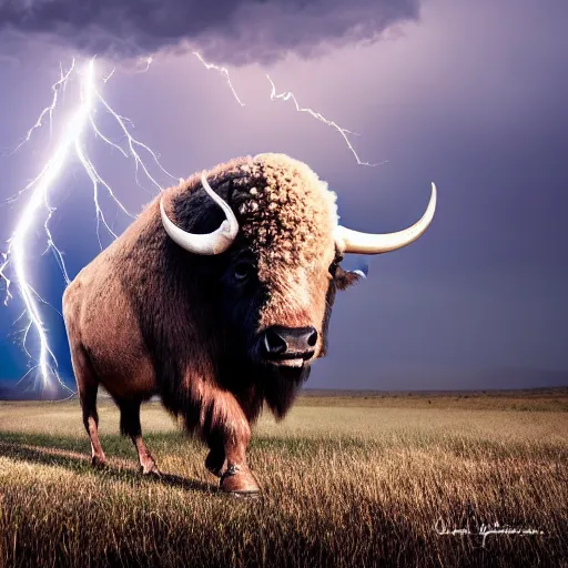 Image similar to buffalo flying with white angelic wings on its back, photograph, beautiful lightning, 4 k