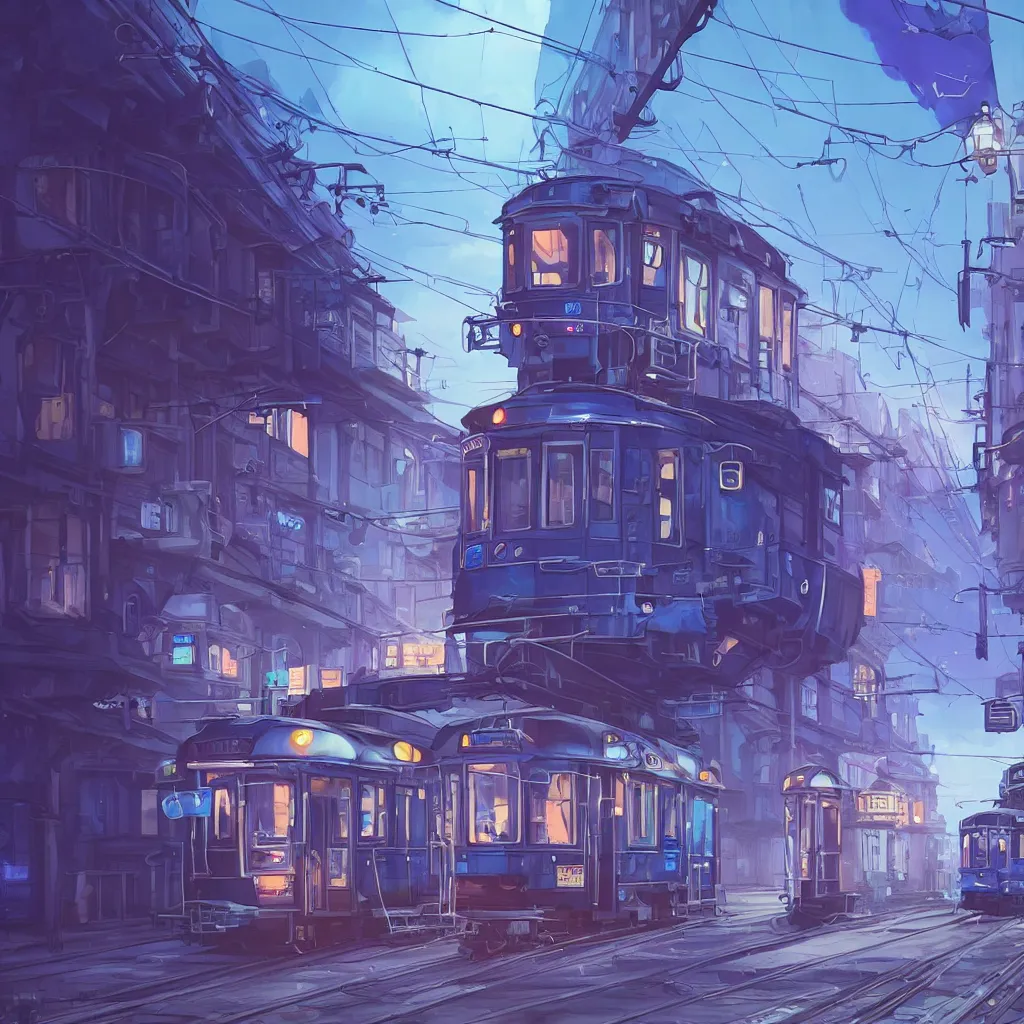 Image similar to a blue purple streetcar is running on the maple leaf sea, unreal engine, fantasy art by greg, loish, rhads, ferdinand knab, makoto shinkai and lois van baarle, ilya kuvshinov, rossdraws, tom bagshaw, night lighting, trending onstudio ghibli, highly detailed, octane render, 8 k