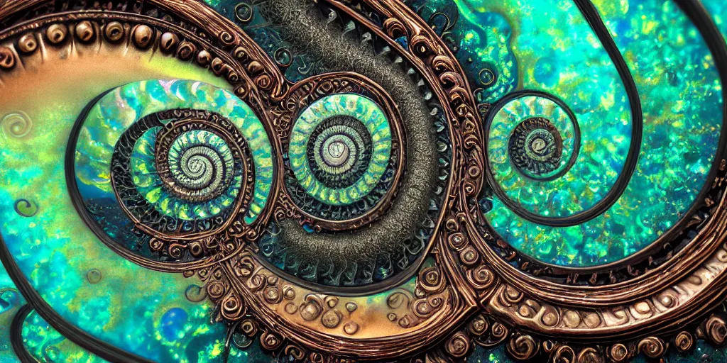 Image similar to cinematic landscape, art nouveau cresting oil slick waves, ammonite, bubbles in a shiny iridescent oil slick wave, black opals, ornate copper patina art nouveau spiral ornament, rococo, organic rippling spirals, hyperdetailed photorealistic ultrasharp octane render