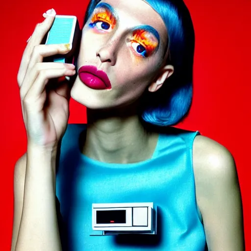 Prompt: a studio close - up portrait of a beautiful fashion model talking on a brick phone. surreal photograph, lo - fi, polished look, silly and serious, hermes ad, fashion photography, toiletpaper magazine by pierpaolo ferrari and maurizio cattelan, 3 5 mm photograph, colourful, by pierpaolo ferrari, maurizio cattelan, david lachapelle