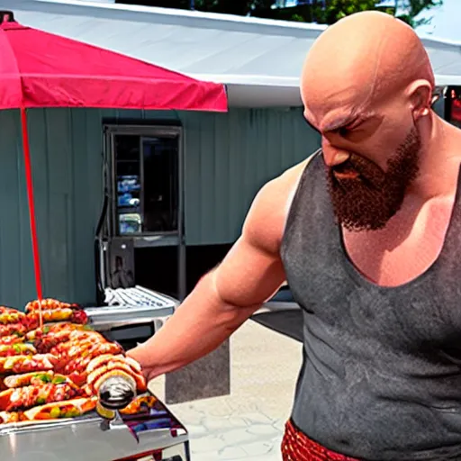 Image similar to Kratos running a hotdog stand in the summer