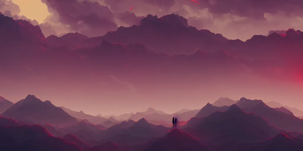 Image similar to Landscape of infernal mountains with red dark sky, ambient lighting, 4k, anime key visual, lois van baarle, ilya kuvshinov, rossdraws, artstation
