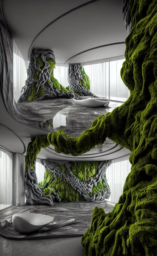 Image similar to highly detailed ultra sharp 3 d render villa interior cinematic composition of a smooth ceramic porcelain biomorphic magnolia stone nebula fluid fractal sci - fi surreal architecture landscape, granite, metallic, magnesium, marble, moss and lichen, vincent callebaut composition, mamou - mani, archviz, beautiful lighting, 8 k, unreal engine, hdr,