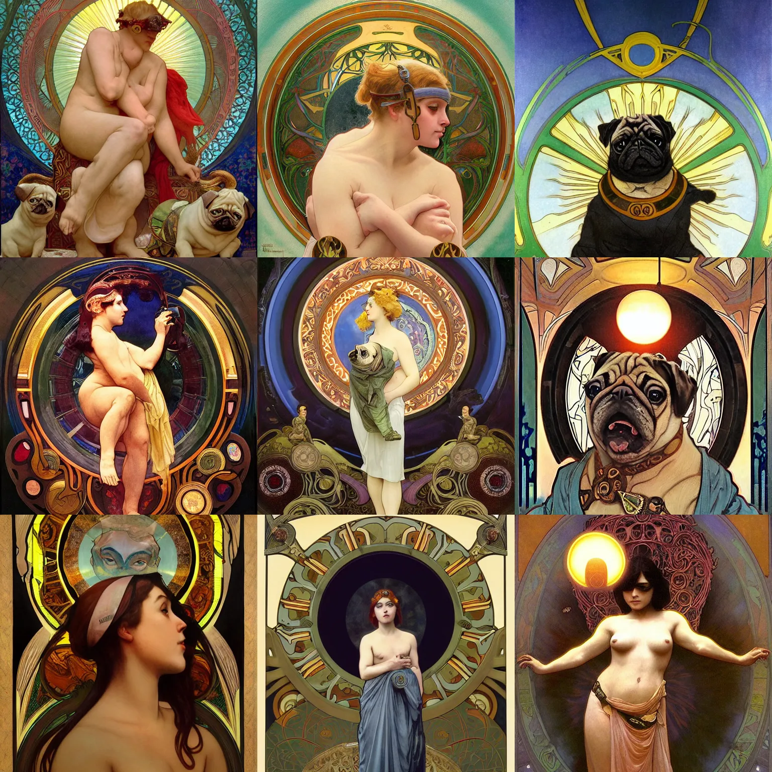 Prompt: is a stunning, breathtaking, awe-inspiring award-winning conceptual Art Nouveau painting with an attractive pug in the role of the sun god, with disturbing, piercing eyes, Alphonse Mucha, Michael Whelan, William Adolphe Bouguereau, John Williams Waterhouse and Donato Giancola, cyberpunk, extremely gloomy lighting, shining light and shadow, atmospheric, Cinematic, Unreal Engine, 8K