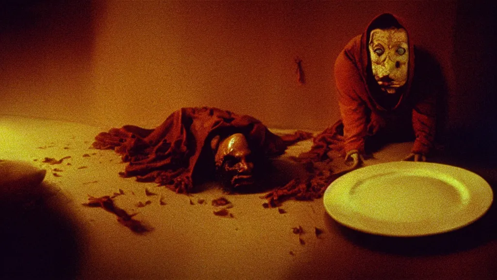 Image similar to the face with the plate of food under my bed, film still from the movie directed by denis villeneuve and david cronenberg with art direction by salvador dali and zdzisław beksinski, wide lens