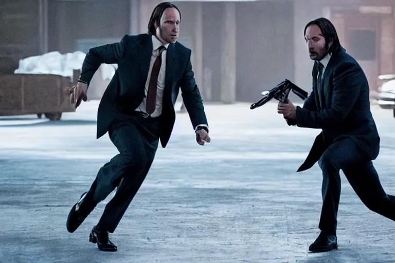 Image similar to film still of saul goodman from better call saul fighting john wick in the new john wick movie